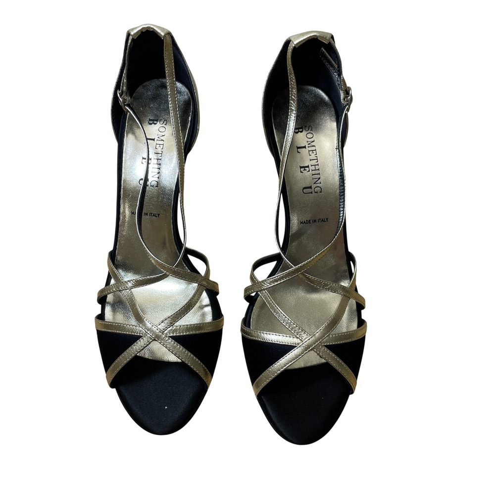 Something Bleu Womens 9.5 B Black Satin Gold Leather Strappy Heel‎ Sandals Italy